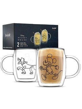 JoyJolt Disney Mickey Mouse & Pluto Double Wall Coffee Glasses Set of 2